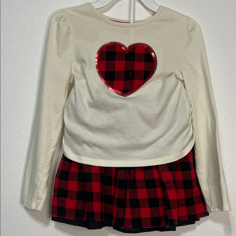Max Studio Cream and Red Plaid Heart Long Sleeve Top and Skirt Size Large (10/12